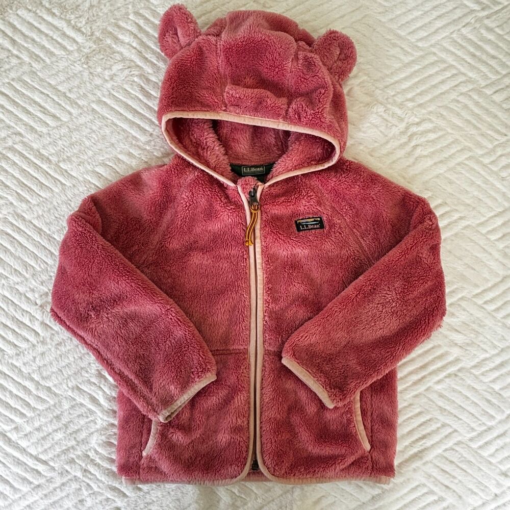 L.L.Bean Size 4T Girls Pink Fleece Bear Ear Hooded Jacket Full Zip Cozy Toddler